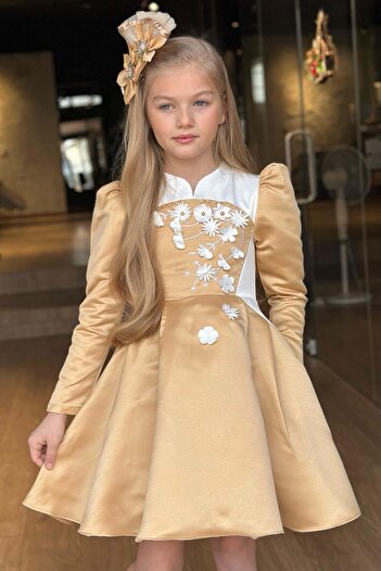 Riccotarz Girl's Back Zipper Detailed White Color Chest Daisy Detailed Watermelon Sleeve Pocket Brown Dress