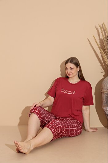 makkash Women's Summer Short Sleeve Bermuda Milan Fabric Large Size Oversize Bamboo Claret Red Pajama Set