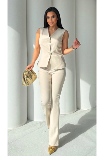 pembekurdelem Women's Gold Button Vest, Pants Suit Stone Carrier