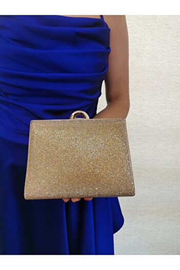 NAZART Women's Stoned Gold Gold Evening Dress Clutch Chain Strap Hand Wedding Engagement Night Shoulder Bag
