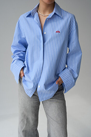 LOOSH Women's Blue Striped Oversize Shirt with Heart Embroidery Detail