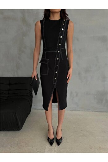 buğrahayalin Gabardine Pencil Dress with Button and Slit Detail - Beige
