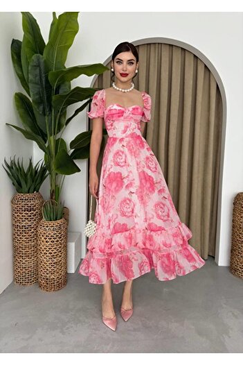 buğrahayalin Chiffon Fabric Digital Pattern Printed Dress