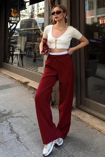Swist Burgundy Striped Masculine Tied Women's Trousers