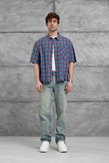 NOMARC Синя картата коротка рукав Oversize сорочка