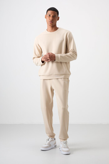 AIR JONES Μπεζ βαμβακερή χοντρή απαλή υφή Comfort Fit κεντημένη ανδρική φόρμα - 85254