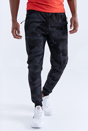 TOMMY LIFE Siyah Kamuflaj Kamuflaj Desenli Dar Kalıp Jogger Erkek Eşofman Alt - 84754