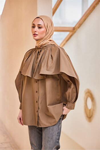 LOCCO Women's Brown Balloon Sleeve Two Collar Shirt