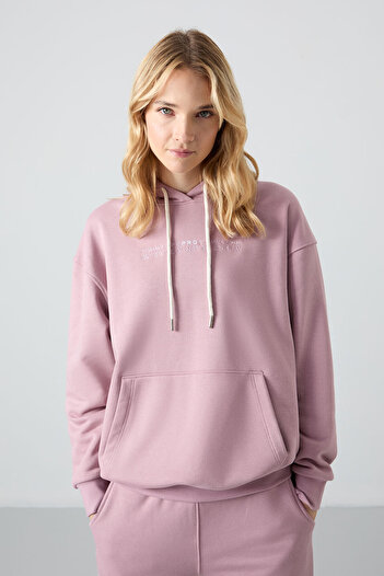 TOMMY LIFE Γυναικεία αθλητική φόρμα Dusty Rose Hooded Kangaroo Pocket Oversize Rubber Leg - 95288