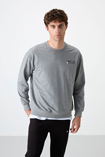 TOMMY LIFE Gray Melange - Black Casual O Neck Rubber Leg Cotton Men's Oversize Tracksuit Set - 85120