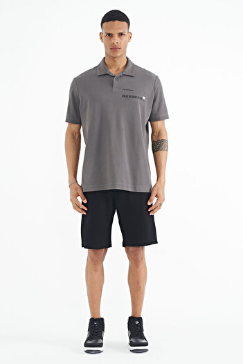TOMMY LIFE Dark Gray Text Printed Standard Form Polo Neck Men's T-shirt - 88236