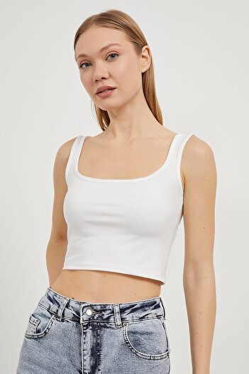 Arma Life Women's Square Neck Soft Basic Strap White Crop Blouse