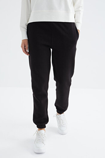 TOMMY LIFE Siyah Yüksek Bel Şardonlu 3 İplik PamukluBasic Kadın Eşofman Alt - 94624