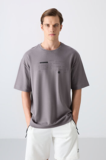 TOMMY LIFE Dark Gray Cotton Thick Soft Textured Oversize Fit Printed Men's T-Shirt - 88326