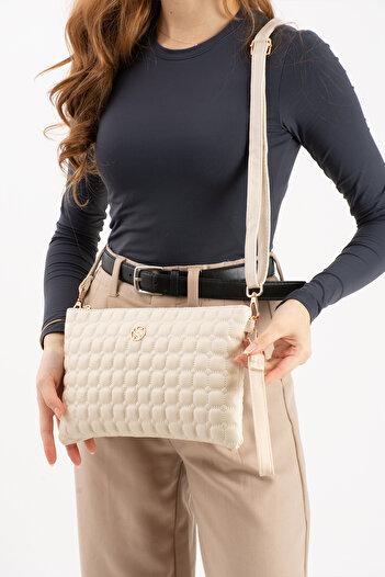 Sanmorris Women's Faux Leather Cream Colored Adjustable Crossbody and Hand Strap Portfolio, Clutch Bag