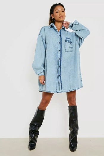 Şans Women's Large Size Blue, Pocket Detailed Oversize Washed Denim Shirt 65N38808