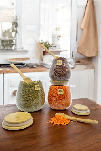 Kitchen Way Bamboo Spoon - Set of 3 Glass Jars with Seal Lid Kw-389 Series