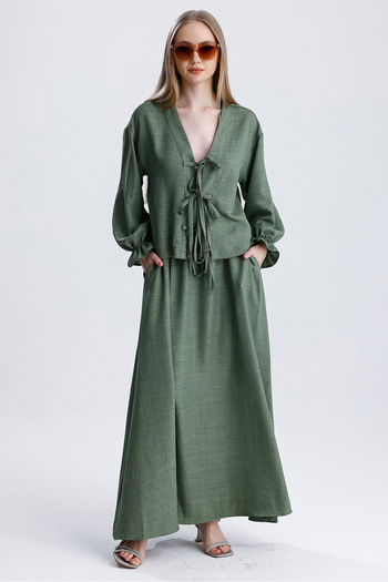 MD trend Women's Elastic Waist Pocket Bell Skirt and Tie-Up Blouse Double Linen Set