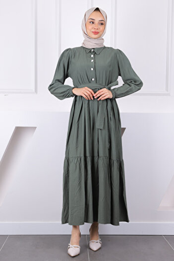 İmajButik Φόρεμα Modal με ζώνη με ελαστική μέση χακί