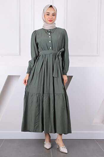 İmajButik Φόρεμα Modal με ζώνη με ελαστική μέση χακί