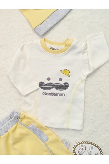 Tomuycuk Sarı Erkek Bebek Çocuk Takımı 3'lü - %100 Pamuklu & Şapkalı Bebek Takımı