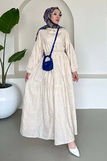 benguen Embroidery Hijab Dress Cream 1009-1