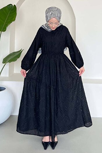 benguen Black Brode Hijab Dress 1009-1 Model