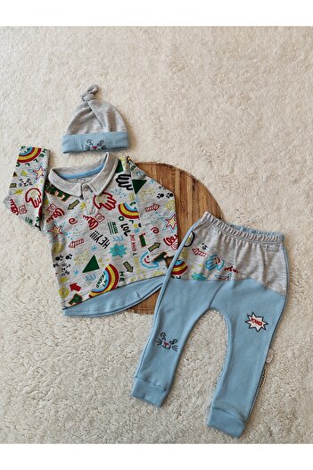 Tomuycuk 3lü Mavi Erkek Bebek Takım 3-6-9-12 -18ay Bebek Takımları Kıyafetleri Bebek Giyim Hediyelik