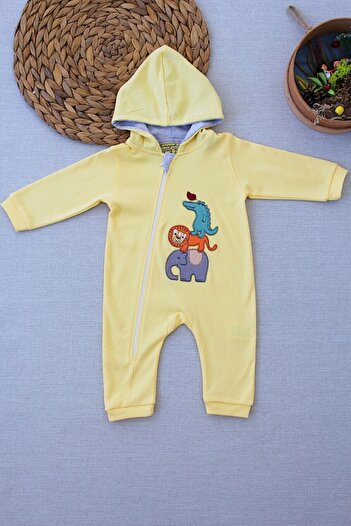 Tomuycuk Ef Çizgi Erkek Bebek Kapüşonlu Tulum Sarı Hediyelik Bebek Giyim