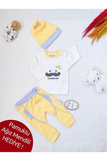 Tomuycuk Sarı Erkek Bebek Çocuk Takımı 3'lü - %100 Pamuklu & Şapkalı Bebek Takımı