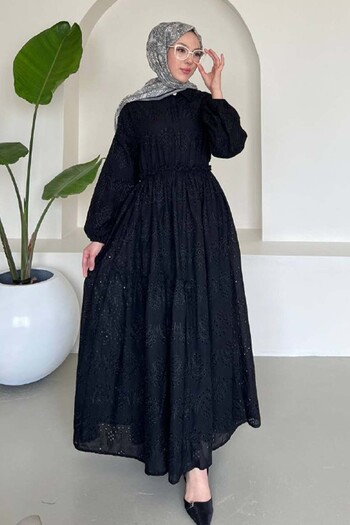 benguen Black Brode Hijab Dress 1009-1 Model