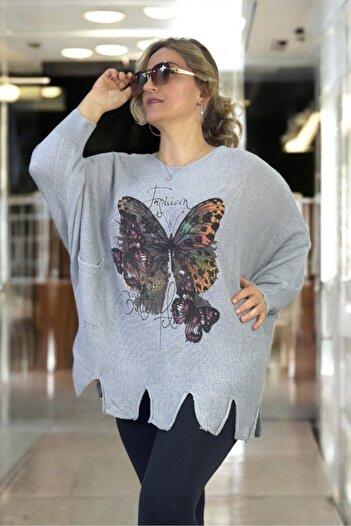 yagmurberen Butterfly Patterned Boat Neck Pocket Tassel Detail Large Size Italian Mercerized Bluz Sweater.