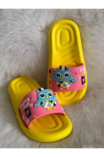 GEZER Bird Patterned Yellow Pink Anatomical Sole Non-Slip Plastic Girl's Pool Sea Beach Evve Street Slippers