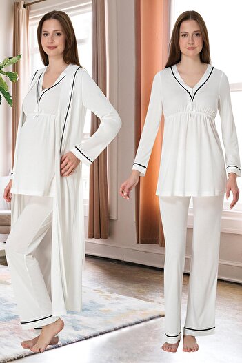 lohusahamile Biye Detaylı Hamile Pijama ve Sabahlık Takımı