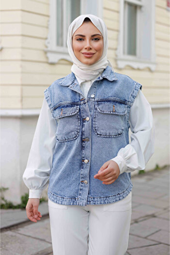 Pamuk Butik Women's Blue Denim Jeans Vest with Pockets