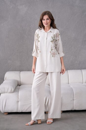 MVStore Women's Floral Print Embroidery Embroidered Linen Oversize Shirt and Pants