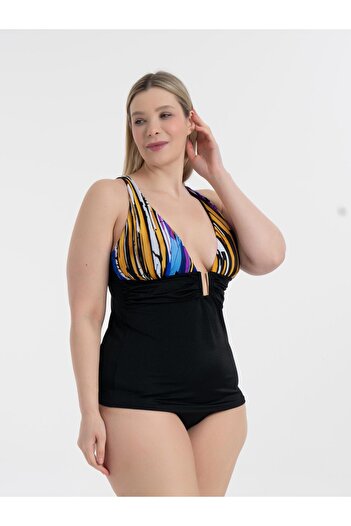 AQUAVİVA Aquaviva Women's Black Yellow Pattern Large Size Anastasia Gathering Buckle Detailed Tankini