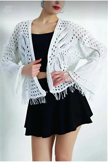 trikomode White Spanish Sleeve Tasseled Detailed Openwork Seasonal Women's Cotton Cardigan