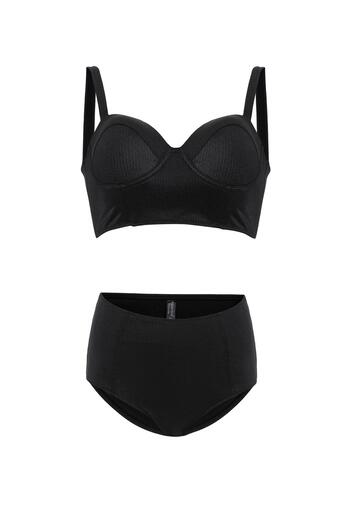 AQUAVİVA Aquaviva Women's Black Ribbed Valencia Back Detailed Padded High Waist Bikini Set