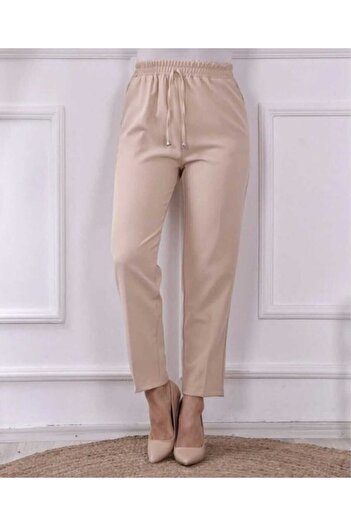 Birru Butik Women's Fabric Elastic Waist Pocket Detailed Large Size Carrot Cut Trousers