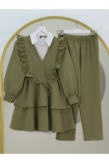 Modamorfo Ruffled Lace-Up Skirt with Front and Tiered Pants Kimono Set - Khaki