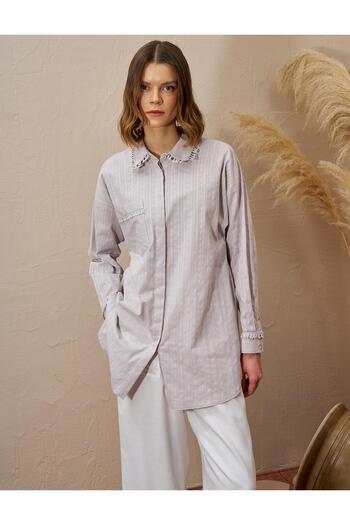 Kayra Stripe Tasseled Cotton Tunic Light Gray