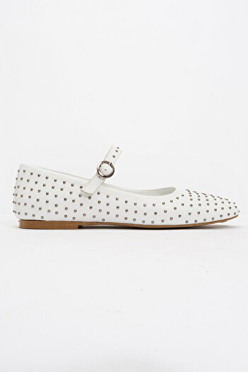 Dericlub Women's Hard Hat Stone Ballerina Shoes Real Leather Zy 8025 White