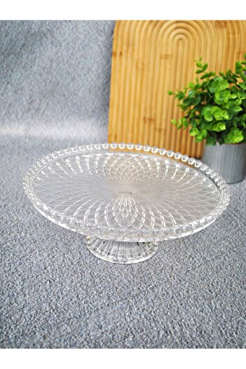 Qualitev 26 cm Glass Footed Beaded Presentation Plate Cake Cake Dessert Presentation Stand-Adenya