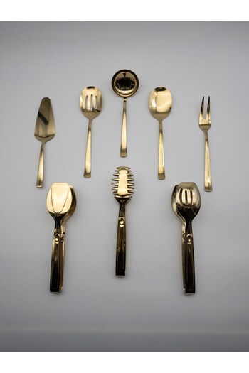 Fiyakalı Ürünler Atölyesi Gold 8 Piece Serving Set - Colander, Ladle, Shovel, Fork, Spoon and Tongs 18/10 Stainless Steel