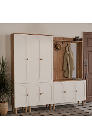 Mezza SET 5092-5094-5091 Roma Sağ Aynalı 9 Kapaklı (MEMBRAN) 9 Askılı Raflı Bohem Portmanto Atlantik Çam