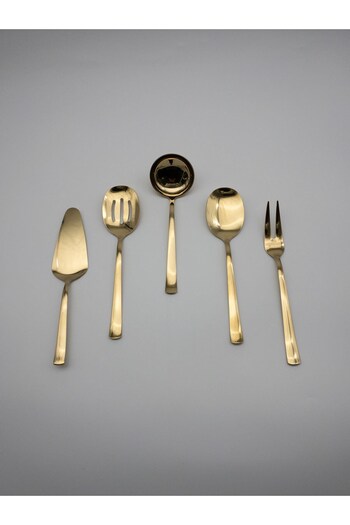 Fiyakalı Ürünler Atölyesi 5 Pieces Stainless Steel Gold Colander, Ladle, Shovel, Fork, Spoon Serving Set - Dowry Box