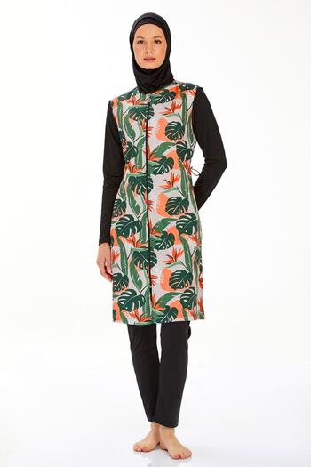 Elit Orange Green Leaf Pattern Long Sleeve Zippered Full Covered Hijab Swimsuit 9257