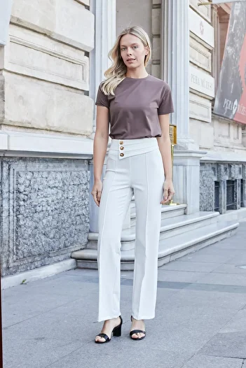 Jument High Waist Front Stitched Belt Buttoned Women's Leg Lightweight Lycra Fabric Office Pants
