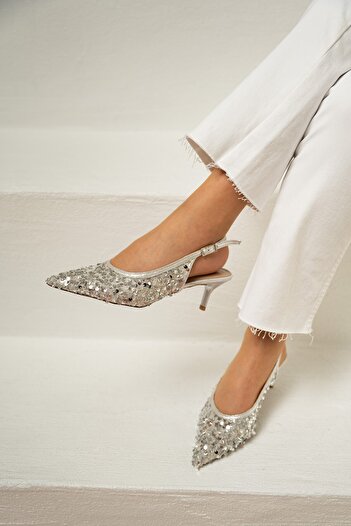 LAMİNTA Pulla Silver Open Back Sequin Decorated Women's Heeled Shoes